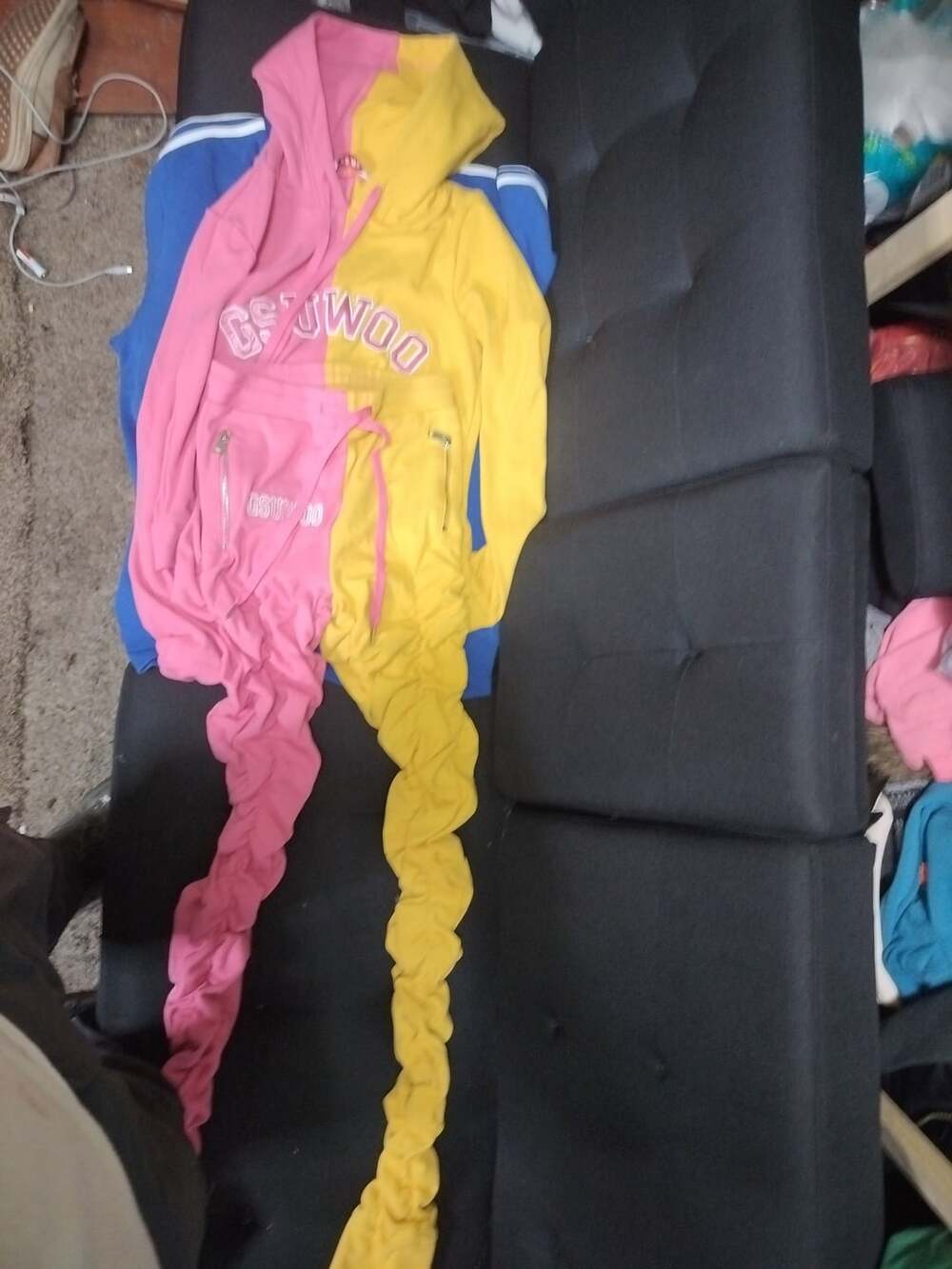 So Real GSUWOO Pink and Yellow Colorblock Ruched Tracksuit Set Size M